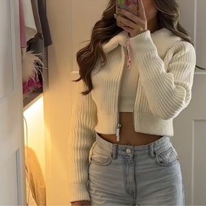 Zara Faux fur lapel collar knit cardigan